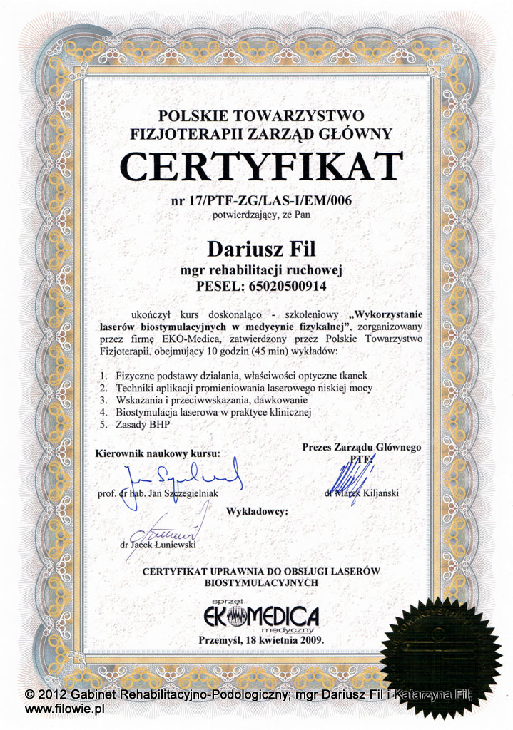 Dariusz Fil - Certyfikat, biostymulacja laserem, Sanok