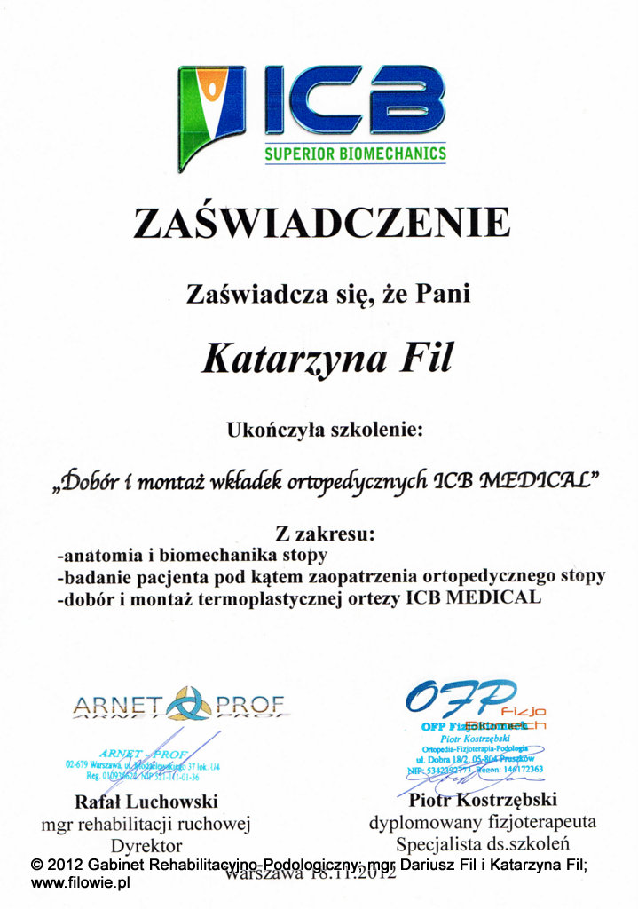 Katarzyna Fil - Wkładki termoplastyczne - certyfikat